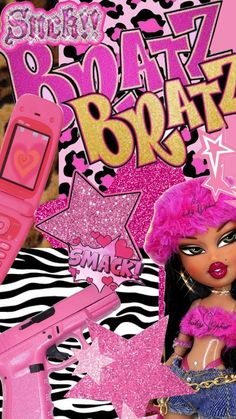 a barbie doll with pink hair holding a cell phone in front of a zebra print background