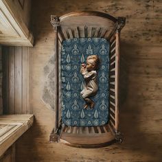 a baby in a crib on a wooden wall