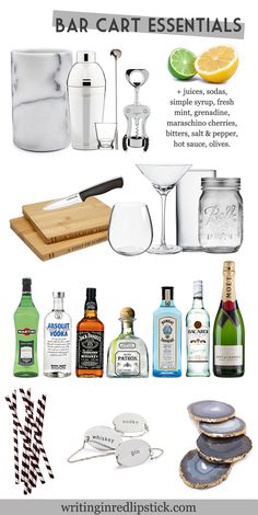 the contents of a bar cart are shown in this graphic style, including bottles and glasses