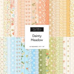 an assortment of colorful papers with flowers and stripes on them, including the words dainty meadow