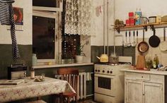 a kitchen with an old fashioned stove and sink