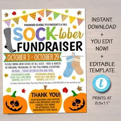 this is an image of a flyer for a sock - fiber fundraiser event with pumpkins and socks on it