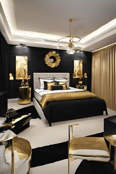 a black and gold bedroom with white carpet, chandelier, chair, bed