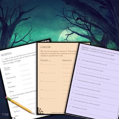 three sheets of writing paper with trees in the background and a full moon behind them