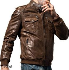 2 hand pockets warm up cold hands. 2 zippered chest pockets(keep essentials safely stowed and close at hand like phone and ID papers), 2 internal pocket offer great storing for many items like wallet,phone or cards #jacket #leatherjacket #leathermenjacket #menjacket #cutejacket Brown Leather Motorcycle Jacket, Leather Hoodie, Brown Clothing, Leather Jacket Outfits, Motorcycle Leather, Flight Jacket, Genuine Leather Jackets