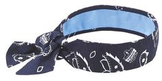 a black and white bandana with blue trim on the headband is tied in front of a white background