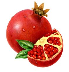 a pomegranate with leaves and seeds on it's side is shown