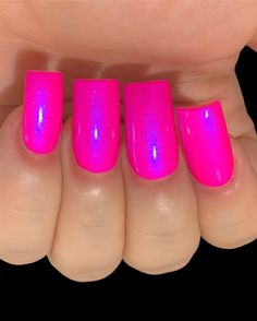 "♥ Barbee On The Glow is one of our favorites from this collection!  It's a Neon Barbie pink polish with a blue/purple shine/shimmer throughout this polish. The glow is striking  It looks different in all different lighting situations... indoors and outdoors!  * STEPS TO USING OUR Regular Nail POLISHES *  This polish requires 2 to 3 thick coats to achieve your desired look without a basecoat.  This polish is very smooth to the touch. Always finish your manicure with a great top coat! Be sure to Neon Rainbow Nails, Pearlescent Nails, Neon Blue Nails, Chipped Nail Polish, Bright Pink Nails, Neon Pink Nails, No Chip Nails, Cosmetic Grade Glitter, Canoga Park