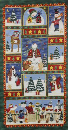 a quilted christmas scene with snowmen, trees and santa clause on the front