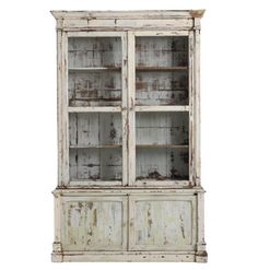 Vintage Rustic White Farmhouse Vitrine Cabinet - Belle Escape Rustic White Farmhouse, Antique White Cabinets, French Farmhouse Dining Table, Shabby Chic Cabinet, Cabinet With Glass Doors, Home Library Rooms, Elegant Outdoor Furniture, Cabinets With Glass Doors, Cottage French