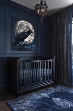 a baby's room with a black crib, blue curtains and a painting of a crow on the wall