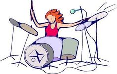 a drawing of a woman playing drums on the drum set with microphones in front of her