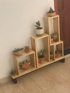 three wooden shelves with plants on them in front of a door