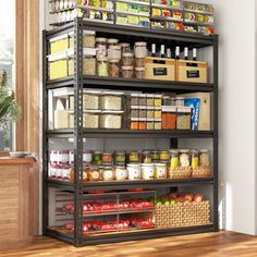 a metal shelving unit filled with lots of food