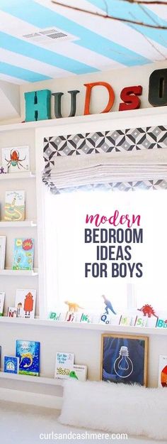 there is a room with books and toys on the shelves in front of the window that says modern bedroom ideas for boys