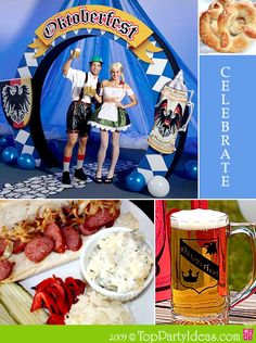 a collage of pictures with beer, food and people in costume for oktoberfest