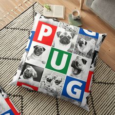 a pug dog is shown on a multi - colored square floor pillow with the word pug printed on it