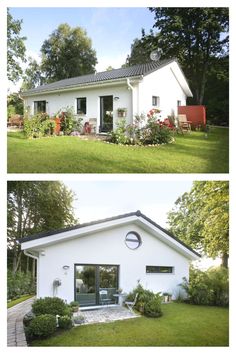 before and after shots of a small white house in the middle of a green yard