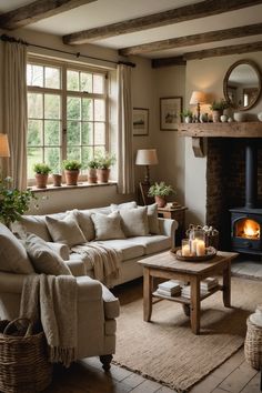 a living room filled with furniture and a fire place next to a window covered in potted plants