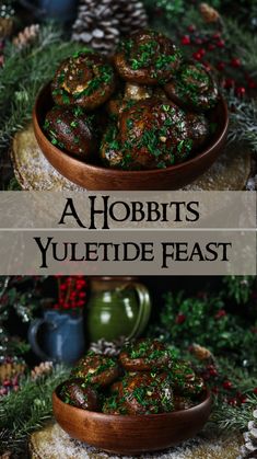 garlic butter mushrooms in a wooden bowl on a table with pine cones and greenery