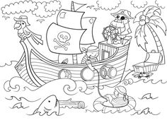 a pirate ship sailing through the ocean with other animals and people on it coloring page