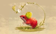 a mouse with a strawberry on it's back and flowers in the air above its head