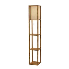 a tall wooden shelf with a lamp on it's top and two shelves below