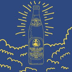 a bottle of beer sitting on top of a blue background with clouds and sunbursts