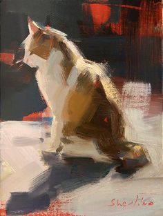 a painting of a cat sitting on the ground