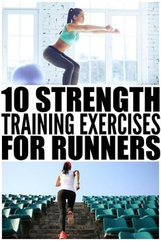 a woman is running up some steps with the words 10 strength training exercises for runners