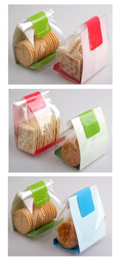 three images showing different types of crackers in plastic bags