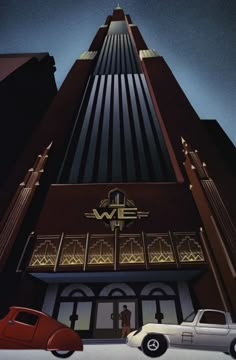 an old car is parked in front of a tall building with the word w e on it