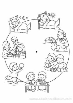 a black and white drawing of children playing in the bed with their toys on it