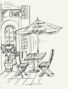 a black and white drawing of an outdoor cafe