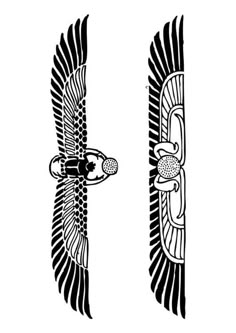 two black and white drawings of wings with an eagle on one side, the other