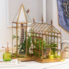 a glass house filled with plants on top of a white table next to a clock