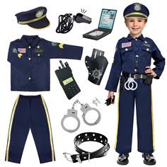 a boy dressed in police uniform and accessories