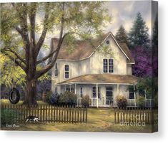 a painting of a house with a tree in the yard and a dog laying on the ground