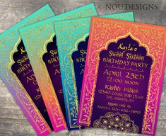 four colorful birthday party cards with gold and blue trimmings on the front, two are