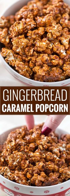 two pictures showing how to make gingerbread caramel popcorn with text overlay that reads, gingerbread caramel popcorn