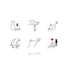 six different types of cats with hearts and stars on their backs, all drawn by hand