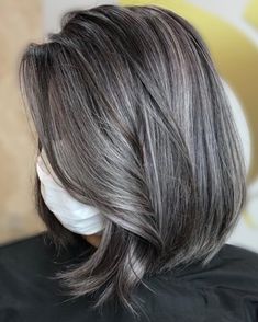 Dark Hair with Gray Highlights Ash Brown Balayage Shoulder Length, Gray Highlights, Black And Grey Hair, Dark Grey Hair