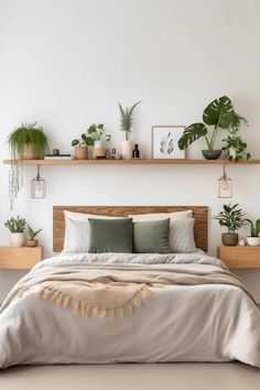 a bed with plants on the shelves above it