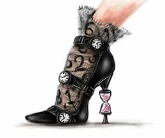 a drawing of a woman's high heeled shoe with clocks on it