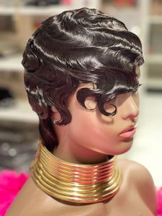 Medium Cap No Lace Finger Wave Natural color 1b Machine made unit Finger Wave Wig, Short Cut Wigs, Finger Wave, Good Quality Wigs, Brazilian Hair Wigs, Dramatic Hair, Curly Bob Wigs, Finger Waves, Haircut Designs