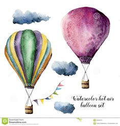 watercolor hot air balloons set with clouds in the background