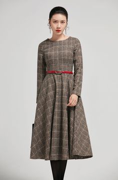 "Plaid wool dress, Fitted waist and round neck elevate our retro-chic full dress woven in soft wool with a classic plaid print. DETAIL * 35% wool blend, 35% fiber and polyester, 30% nylon * Polyester lining * Big Round neckline * Long sleeves * Regular fit * Back zipper closure * Two side seam pockets * Below Knee length * Dry clean * More color and More size https://www.etsy.com/listing/465258668 * Size Guide https://www.etsy.com/listing/722950722 * SIZE CHART https://www.etsy.com/listing/73681 Boots And Fit And Flare Dress Winter, Luxury Fitted Elegant Plaid Dress, Luxury Fit And Flare Dress For Fall, Wool Dress Uk, Conservative Sweater Dress, Fit Flare Dress Winter, Professional Plaid Dress, Cheap Plaid Winter Dress, Kate Middleton Plaid Dress