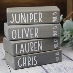 Stack of wooden family books personalized with names and birth years Style Mantle, Diy Farmhouse Ideas, Modern Farmhouse Decor Ideas, Wooden Family, Name Blocks, Family Diy, Block Craft, Wood Book, Wooden Books