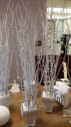 three white vases with branches in them on a table next to a mirror and other items