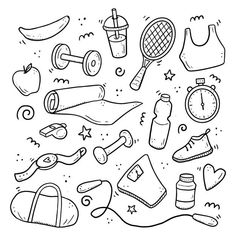 a black and white drawing of sports related items